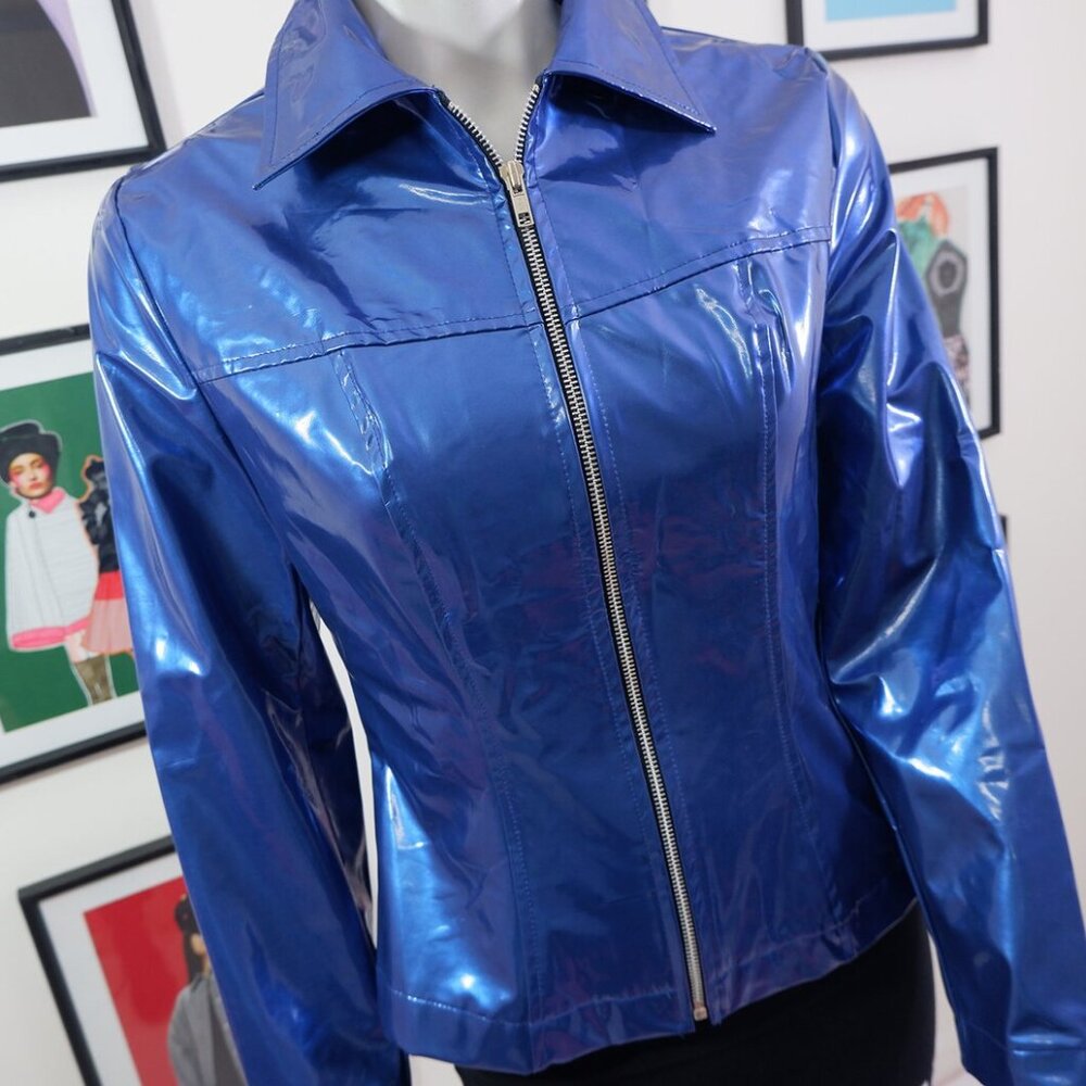 1990s Y2K Vinyl Look Shiny Slick Blue Polyurethane Jacket S Club